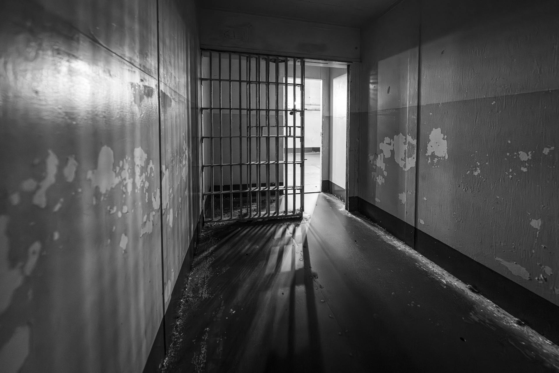 prison corridor in black and white