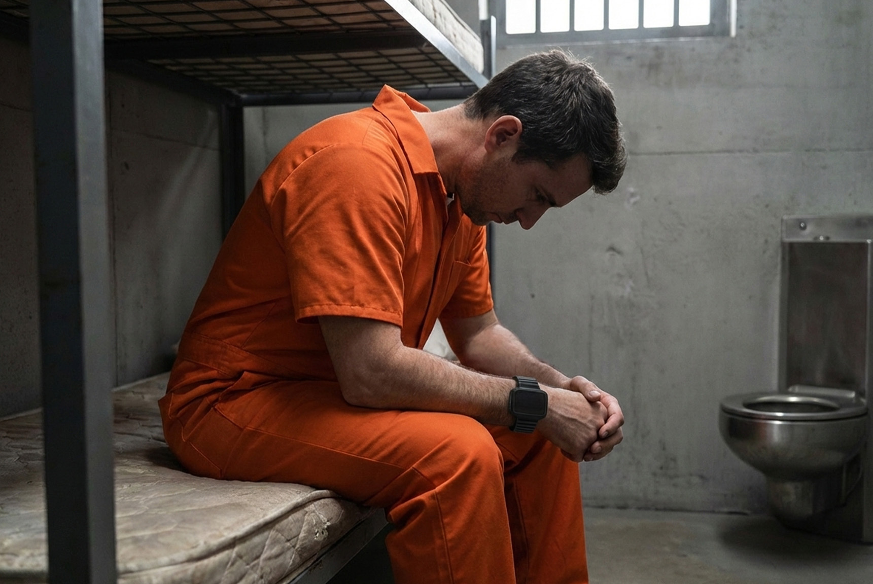An individual in custody in a housing unit cell. Continuous biometric monitoring is designed to support earlier awareness of safety and welfare concerns throughout the custody environment, supplementing traditional observation practices.