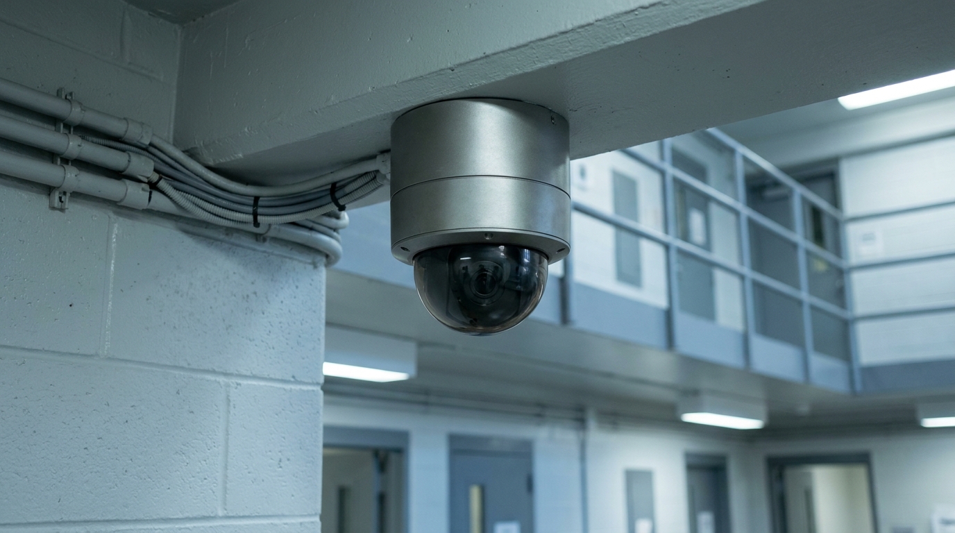 Existing ceiling-mounted camera hardware in a housing unit.