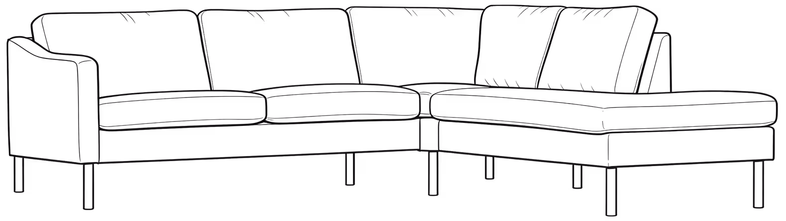 Line drawing of a modern sectional sofa with three seat cushions and a chaise lounge on the right side.