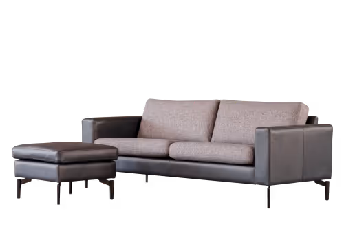 Modern two-seater sofa with gray fabric cushions and black leather base, accompanied by a matching black leather ottoman.
