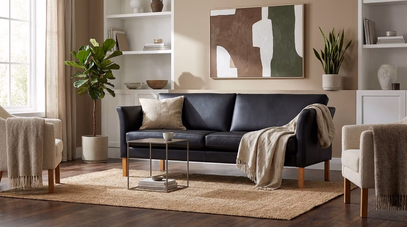 Modern living room with a black leather sofa, beige armchairs, indoor plants, and abstract wall art.