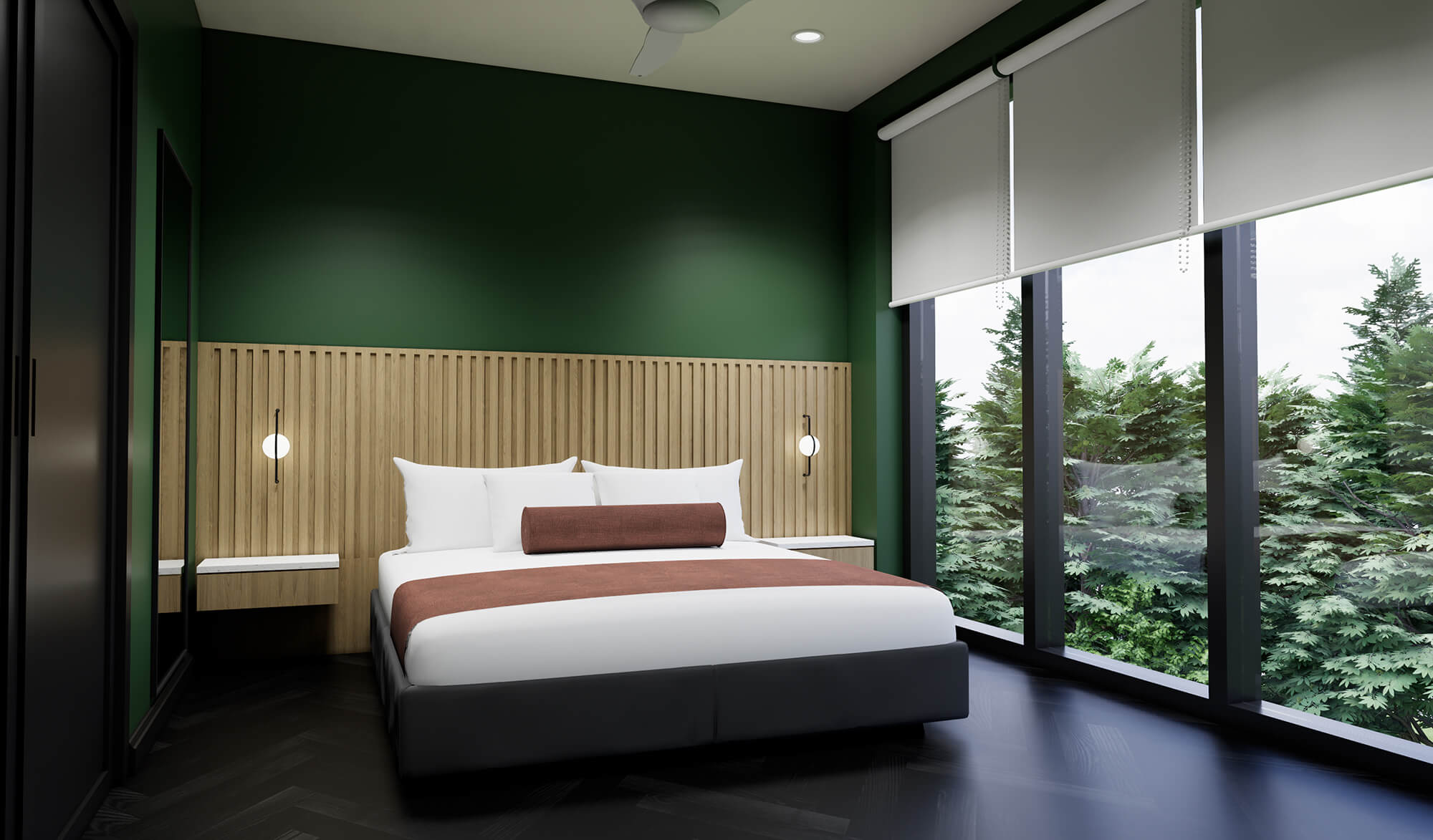 Master bedroom with floor to ceiling windows at The Quinley boutique hotel in The Gulch, Nashville