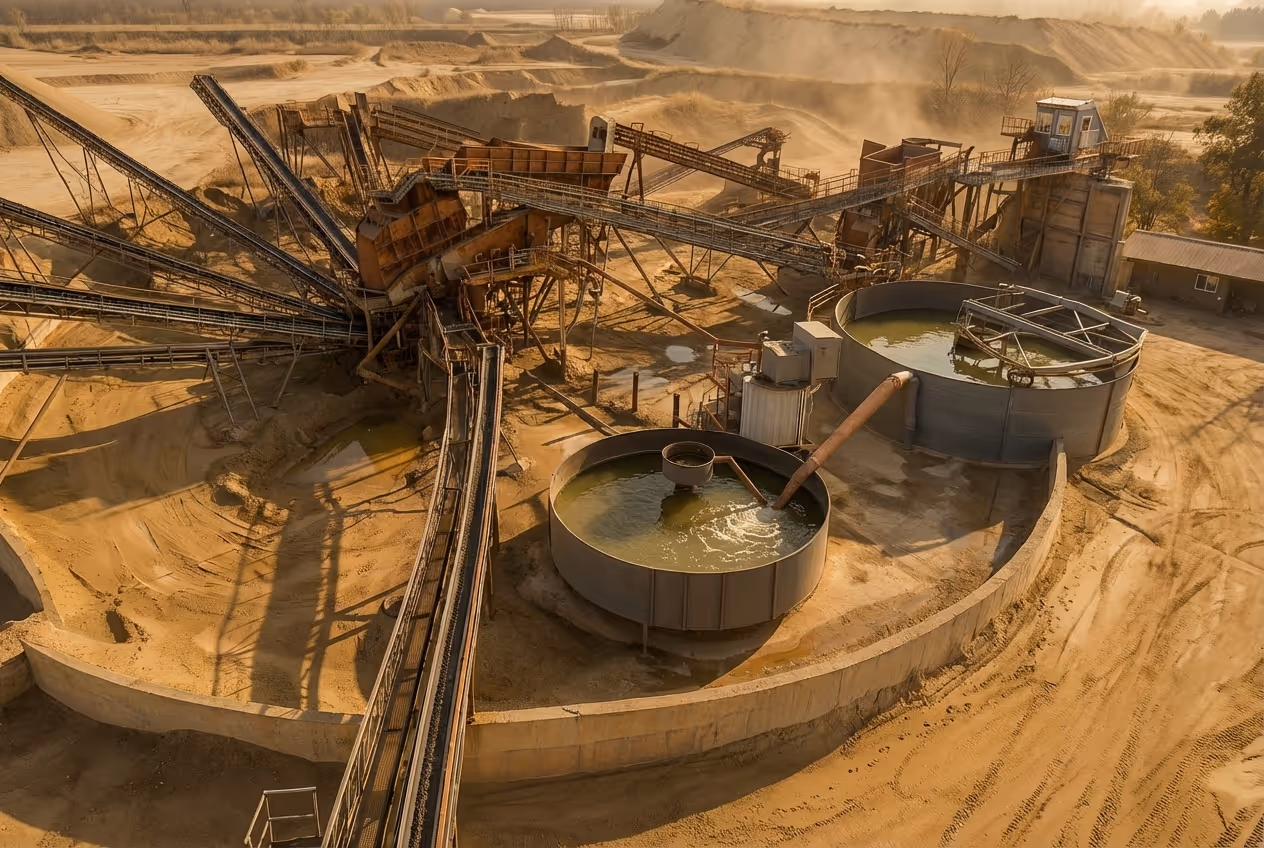 Aerial view of an industrial sand mining plant with conveyor belts and large round water tanks.