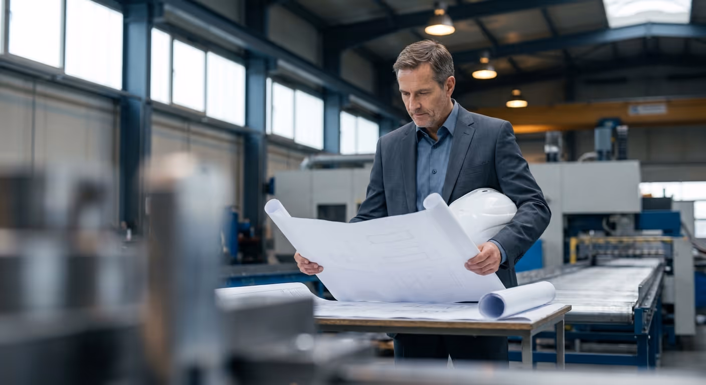 Man in a suit reviewing architectural blueprints in an industrial factory setting holding a white hard hat.