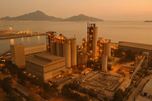 Industrial facility with silos and buildings lit up at dusk near a calm waterfront with distant mountains.