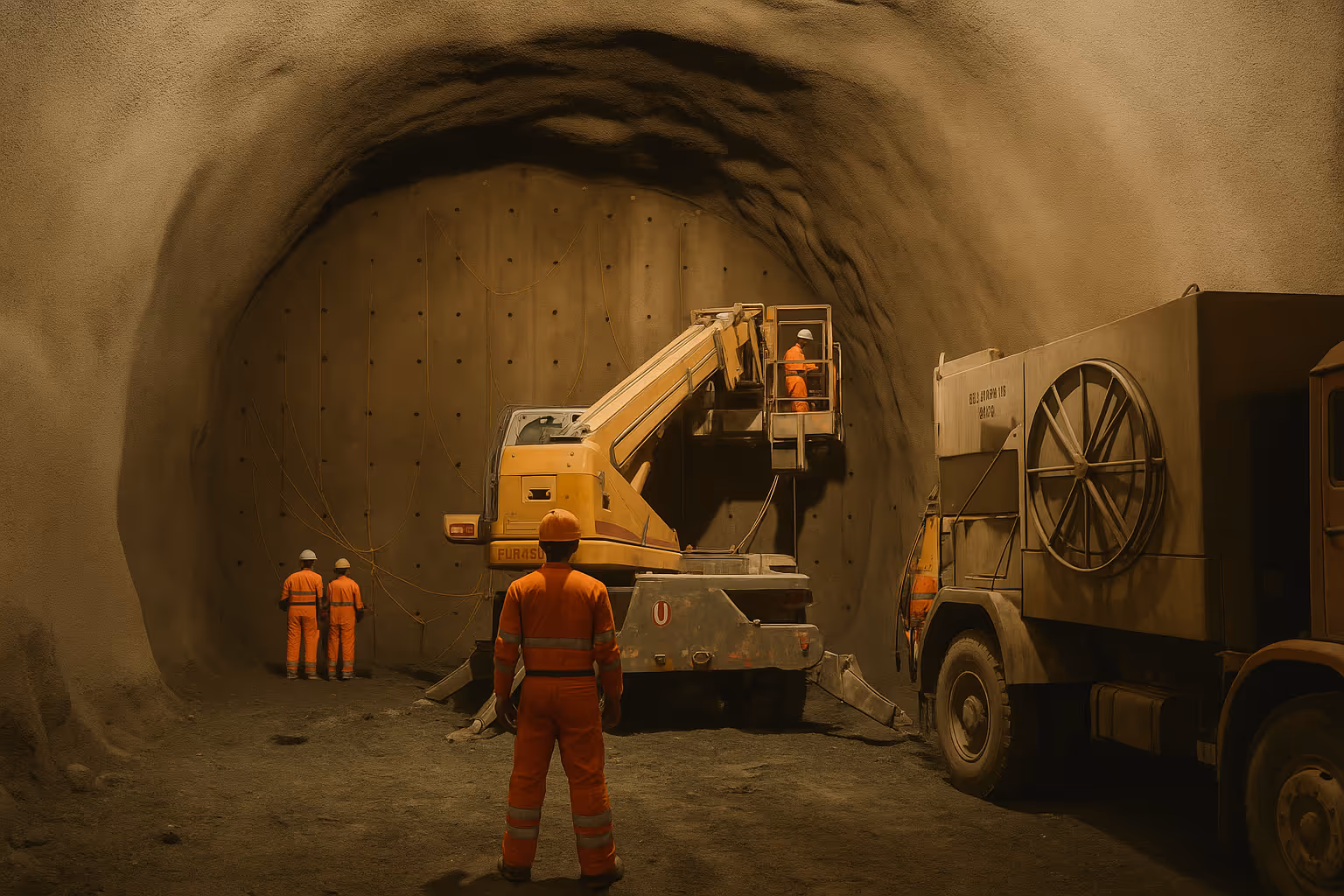Workers in orange safety gear operating machinery inside a large underground tunnel construction site.