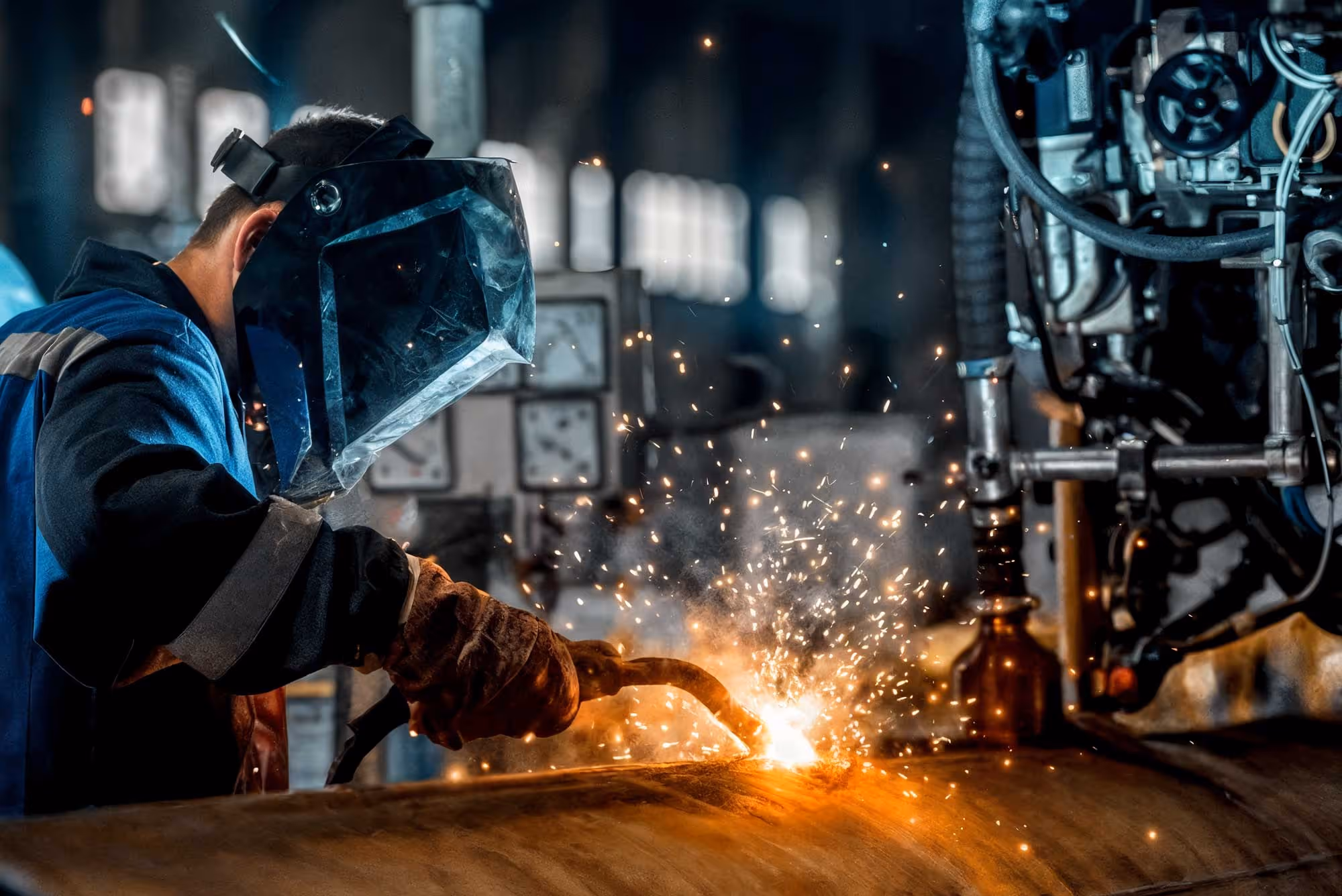 Worker wearing protective gear welding a large metal pipe with sparks flying in an industrial workshop.