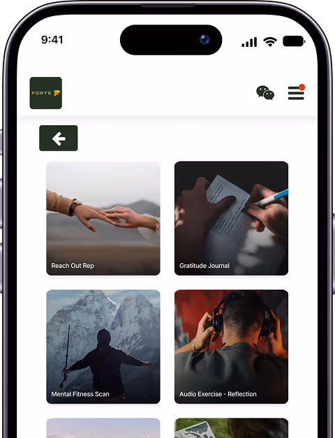 Smartphone screen showing a mental fitness app with icons labeled Reach Out Rep, Gratitude Journal, Mental Fitness Scan, and Audio Exercise - Reflection.