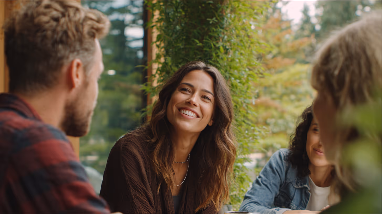 A smiling young woman with long hair conversing with three people in an outdoor setting with greenery.