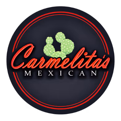 Carmelita's Mexican restaurant logo with green cactus and red circular border on dark background.
