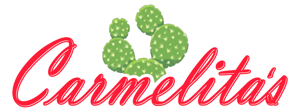 Green prickly pear cactus above the red cursive text 'Carmelita's'.