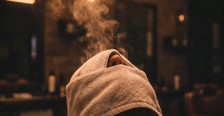 Rituel d'application d'une serviette chaude (Hot Towel) imprégnée d'huiles essentielles chez Industrie Barbers