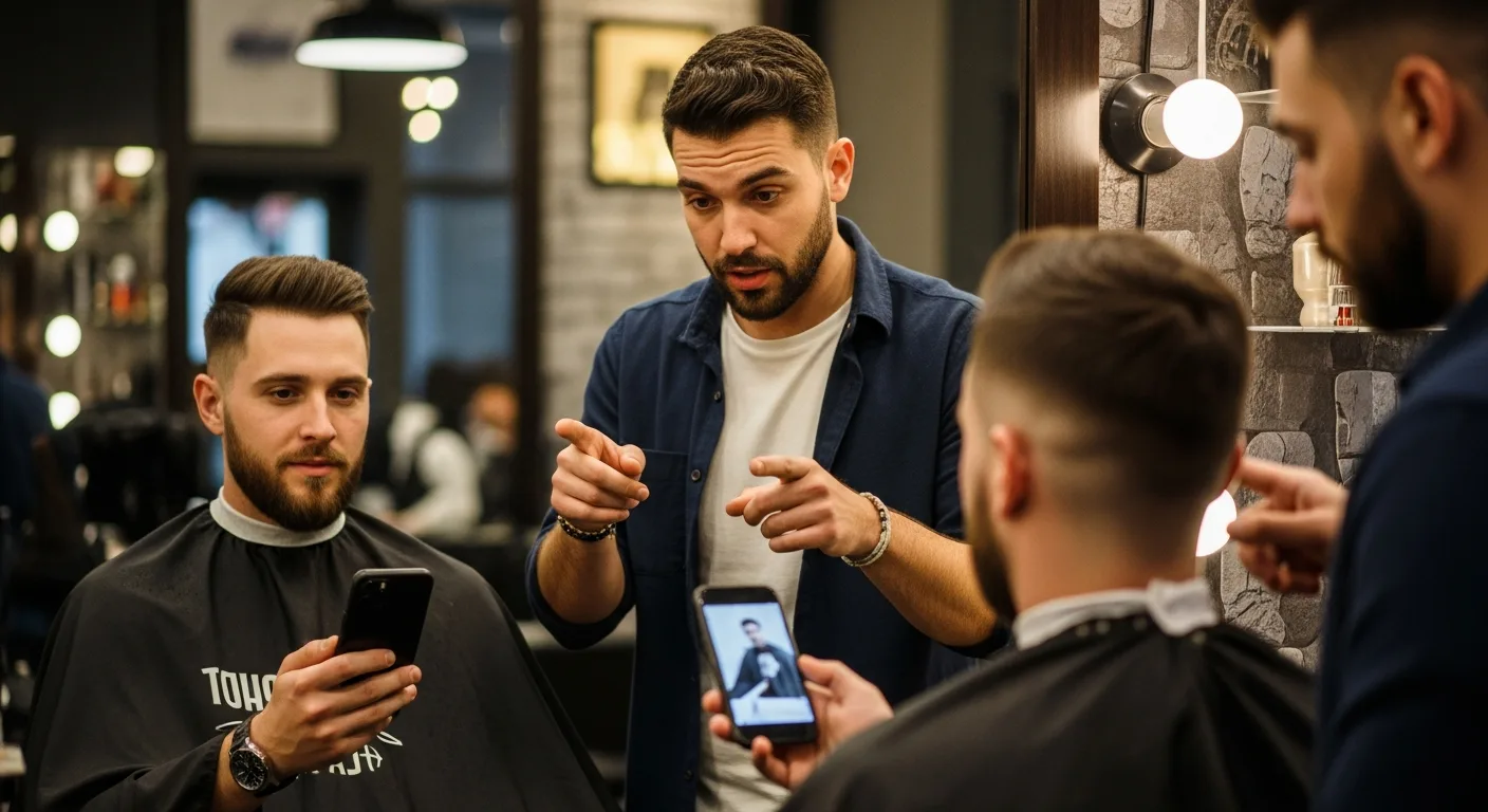 un barbier réalise un diagnostic avec un nouveau client qui vient pour la première fois au salon 