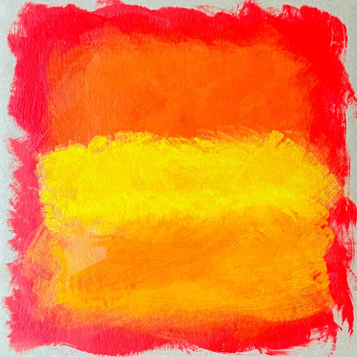 Abstract painting with bright yellow and orange brush strokes bordered by red on a light background.