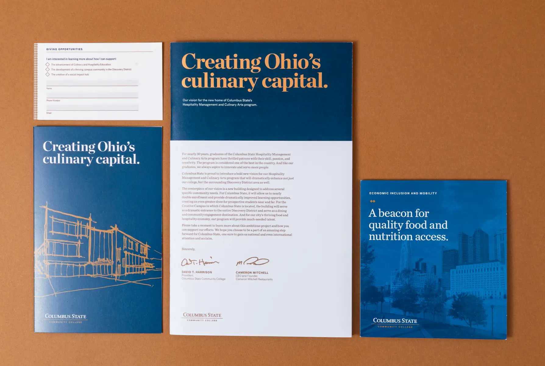 Printed brochures and a giving opportunities card for Columbus State Community College's culinary program, highlighting 'Creating Ohio’s culinary capital' and quality food access.