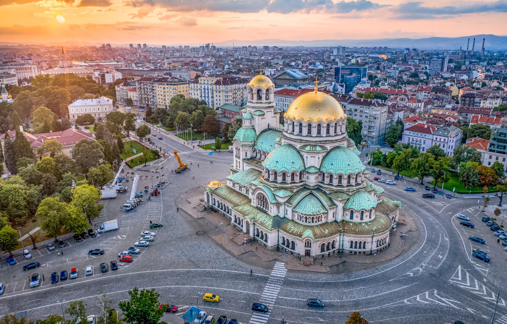 Panoramic view of the Sofia skyline and Alexander Nevsky Cathedral in Bulgaria representing its status as a competitive EU hub for business and technology.
