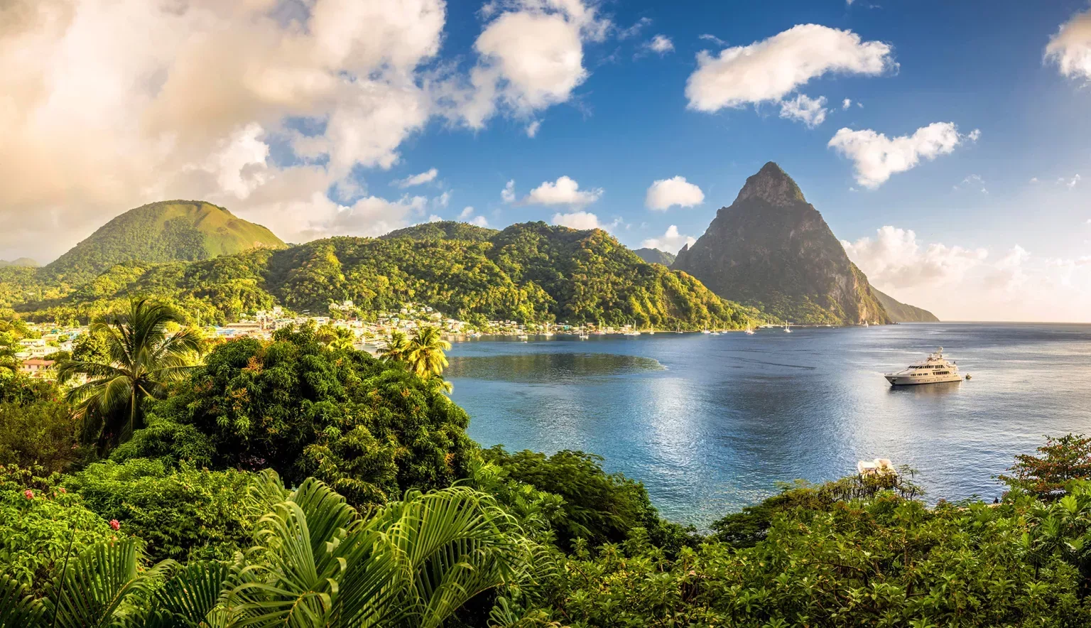 Panoramic view of the iconic Pitons and turquoise waters of St Lucia representing the luxury lifestyle and citizenship by investment program.