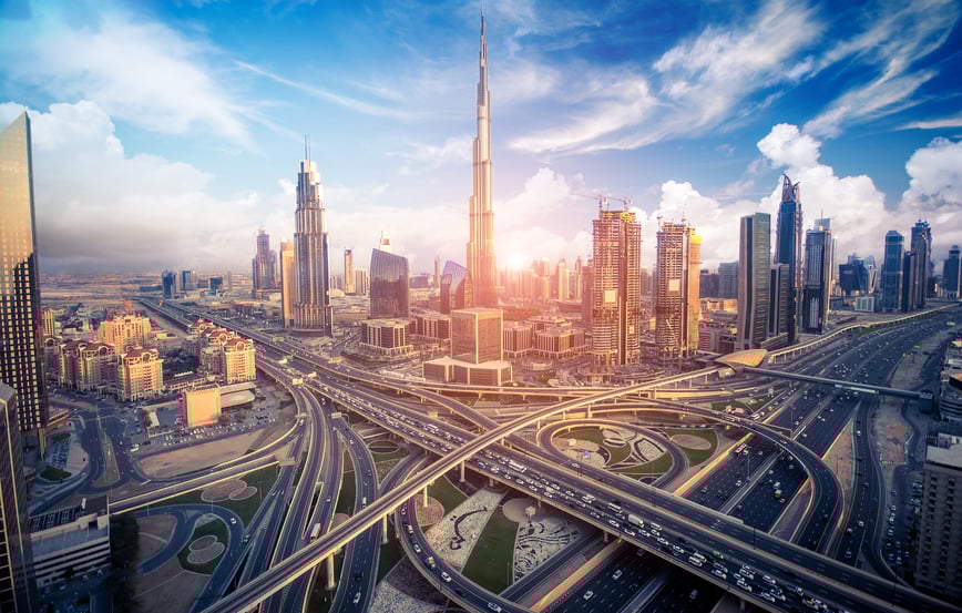 Panoramic view of the Dubai skyline featuring the Burj Khalifa representing the UAE as a leading global business and financial hub.