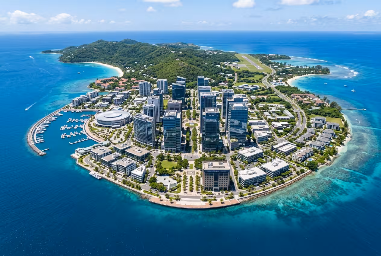 Aerial drone view of a tax-efficient offshore jurisdiction illustrating the importance of global tax planning.