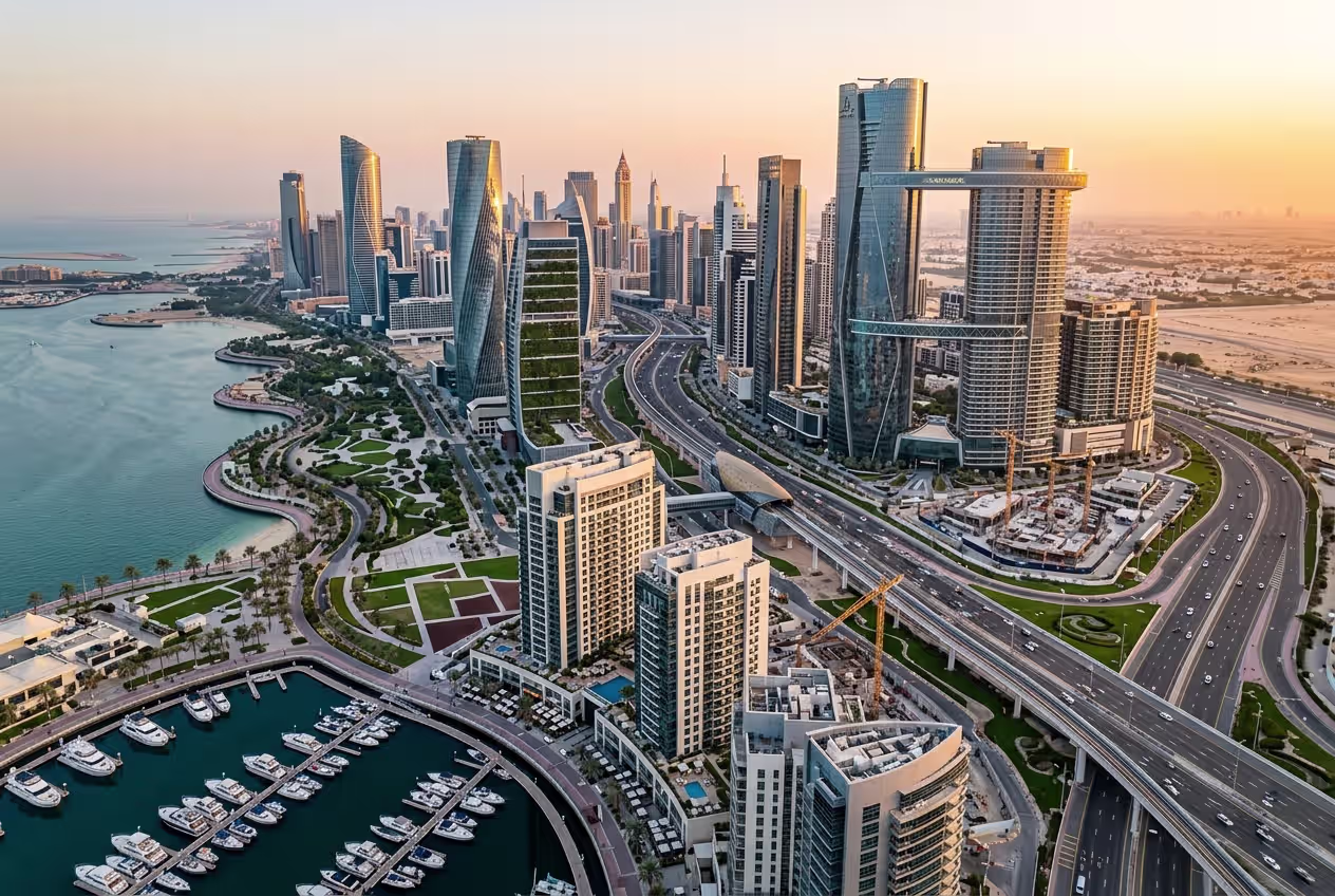 Avoiding Double Taxation Between the US and UAE alt text: Middle Eastern business district representing tax treaties and avoiding US and UAE double taxation.