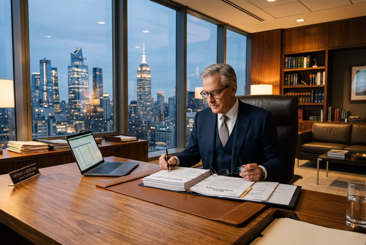 Cinematic photograph of a tax strategist reviewing documents for a legal global tax burden reduction plan.