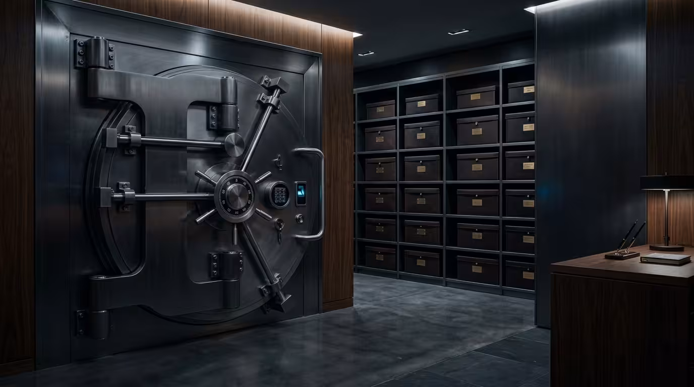 Minimalist luxury vault interior representing the security, privacy, and confidentiality provided by sophisticated offshore trust structures.