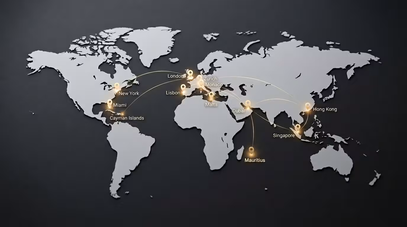 Minimalist world map visualization reflecting the global mobility and visa-free access provided by a second passport.