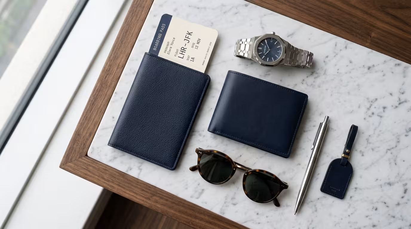 Luxury travel flat lay composition with an elegant passport case representing the enhanced freedom and security of dual citizenship.