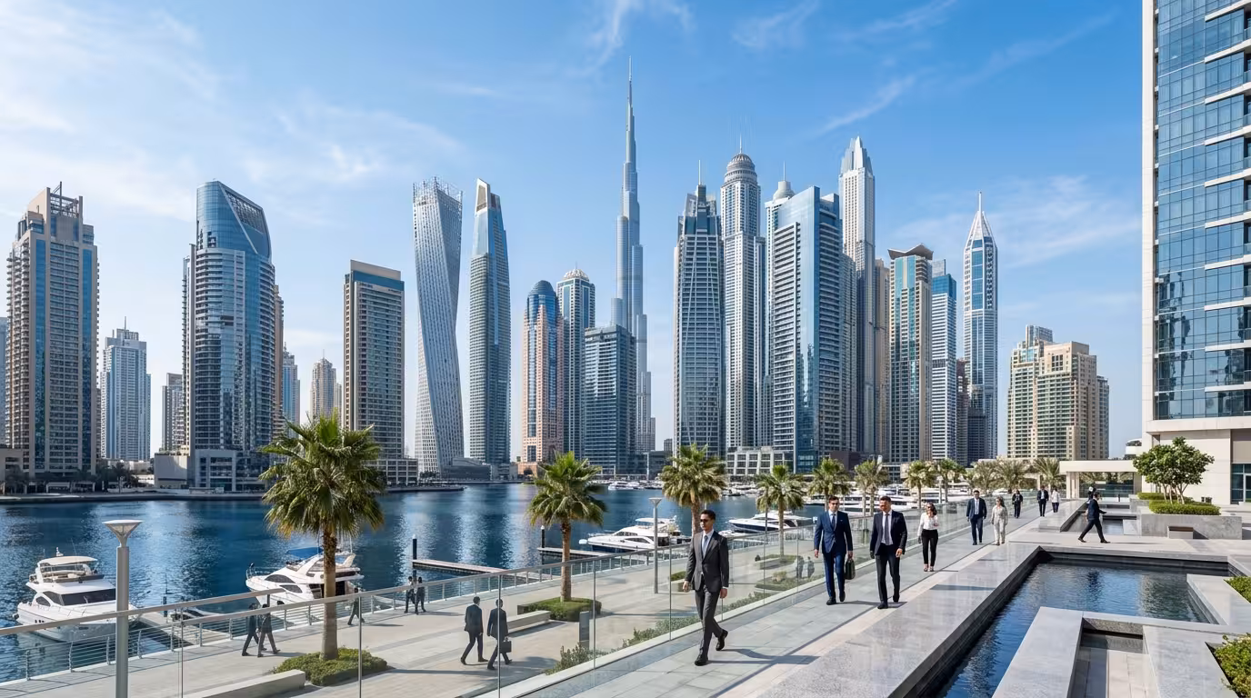 Modern Dubai skyline and business district highlighting the infrastructure for regional headquarters and international company formations.