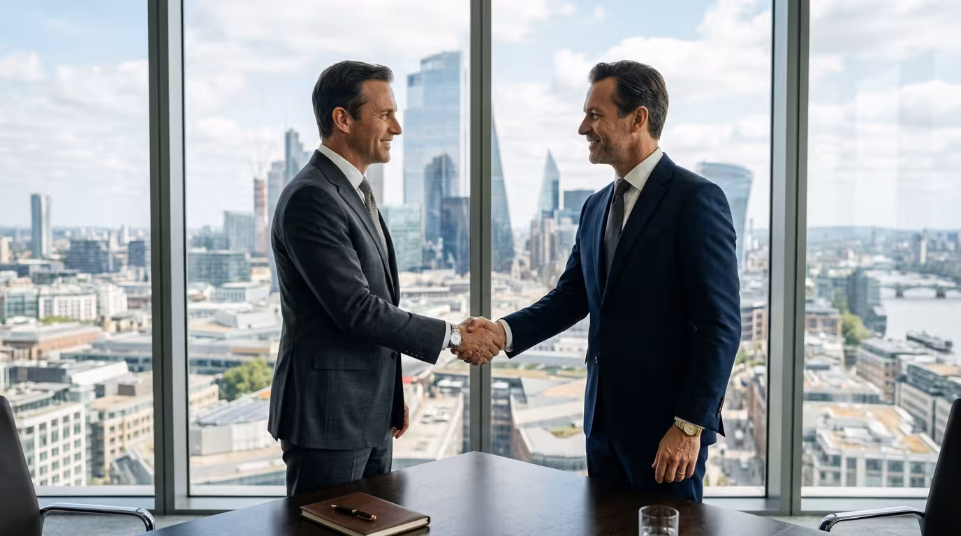 Professional business handshake in a modern office representing the trust and collaborative approach to global corporate solutions.