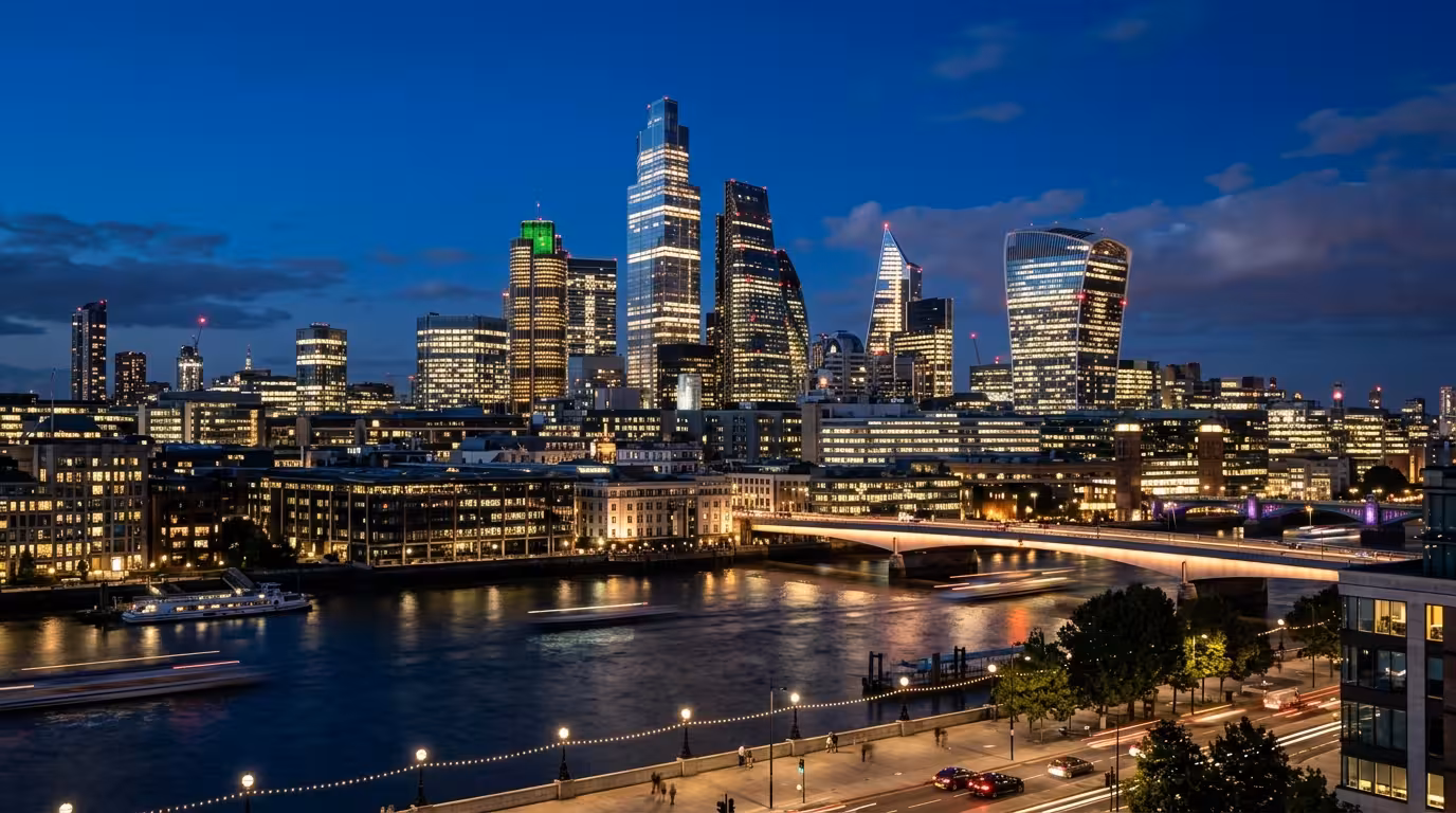 Night skyline of a major financial district representing the strategic market access and world-class banking available for multi-tier corporate structures.