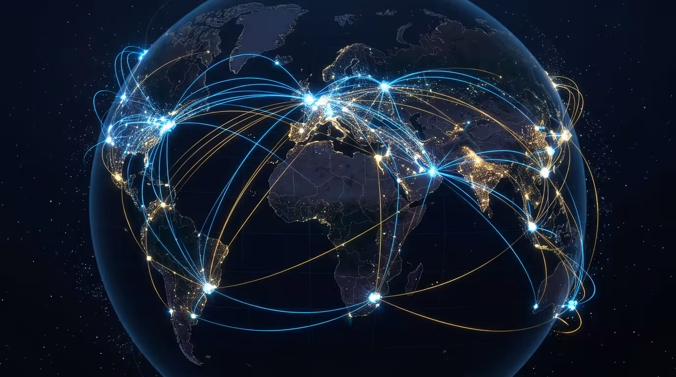 Futuristic global banking network visualization with glowing connections representing the seamless cross-border payment infrastructure for international businesses.