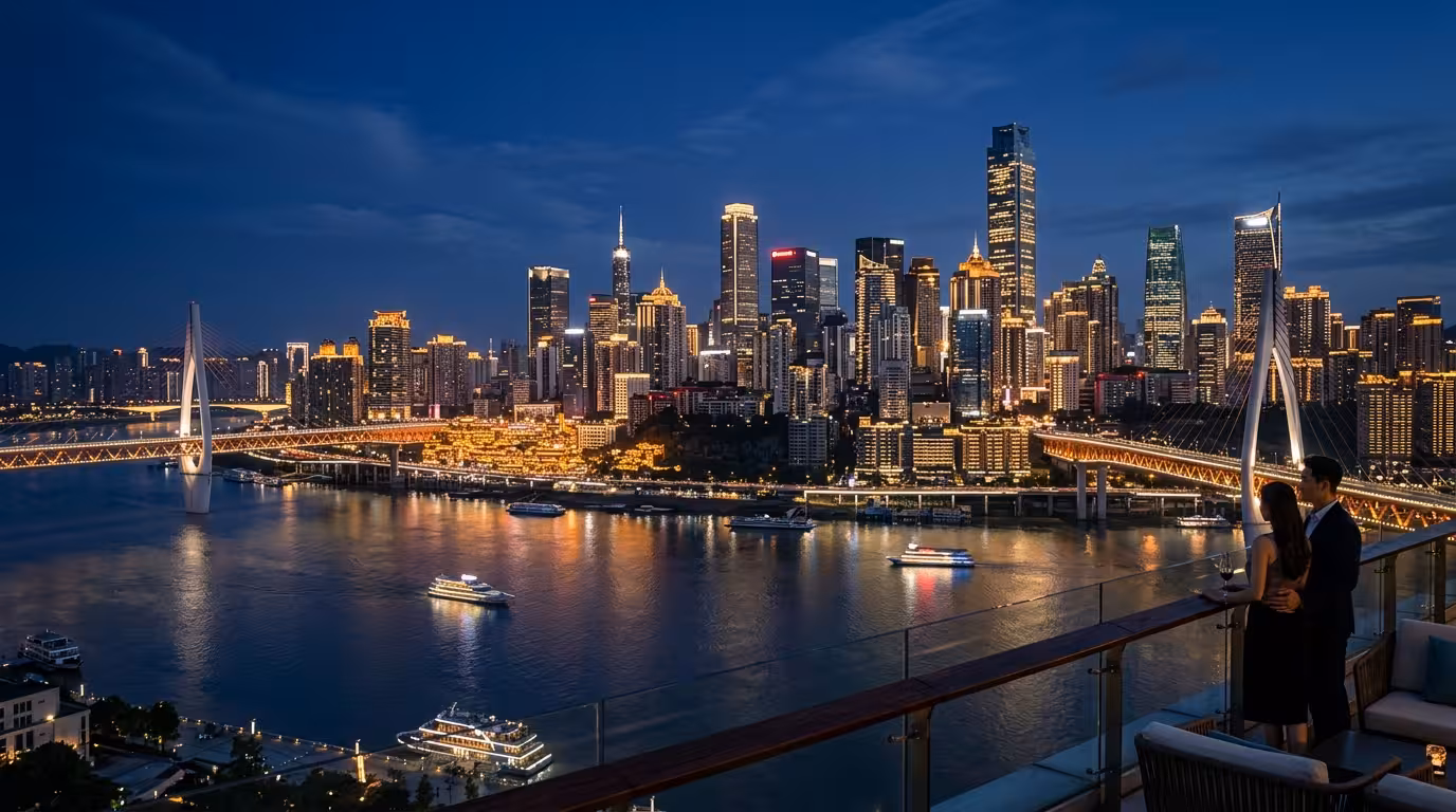 Stunning night view of a major financial district skyline representing the strategic access to world-class banking and global financial centers.