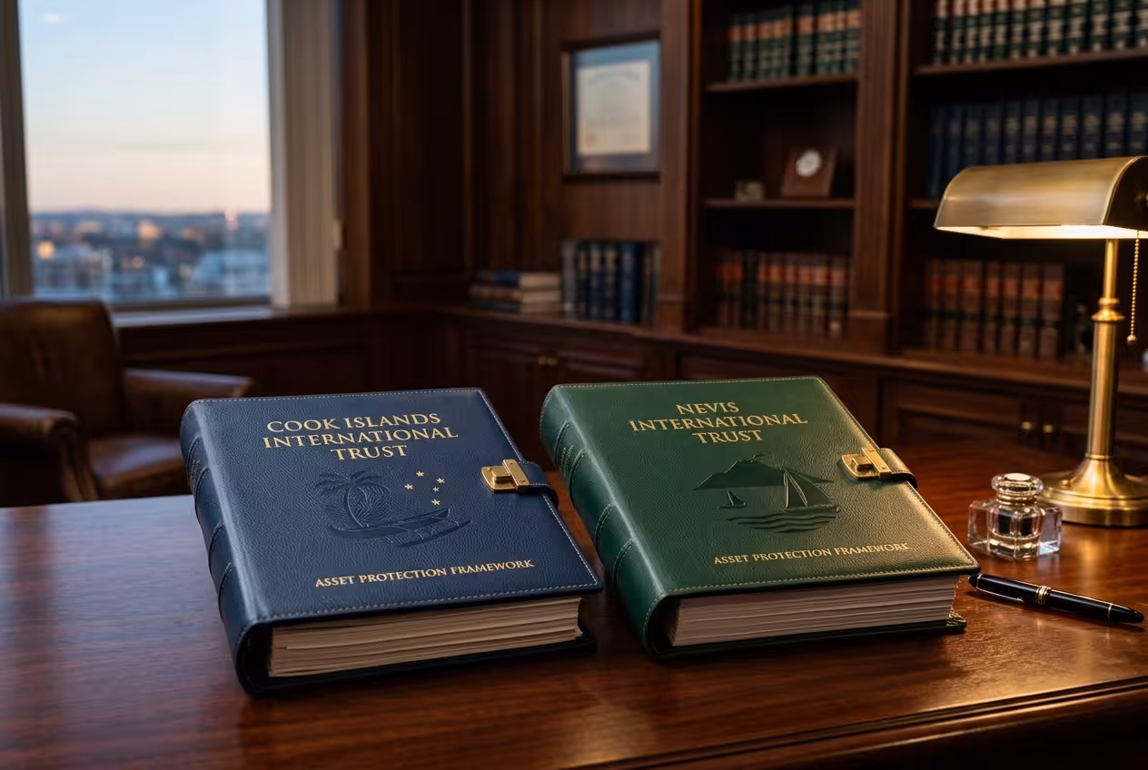 Visual comparison of Cook Islands vs Nevis as the premier offshore asset protection trust jurisdiction in 2026.