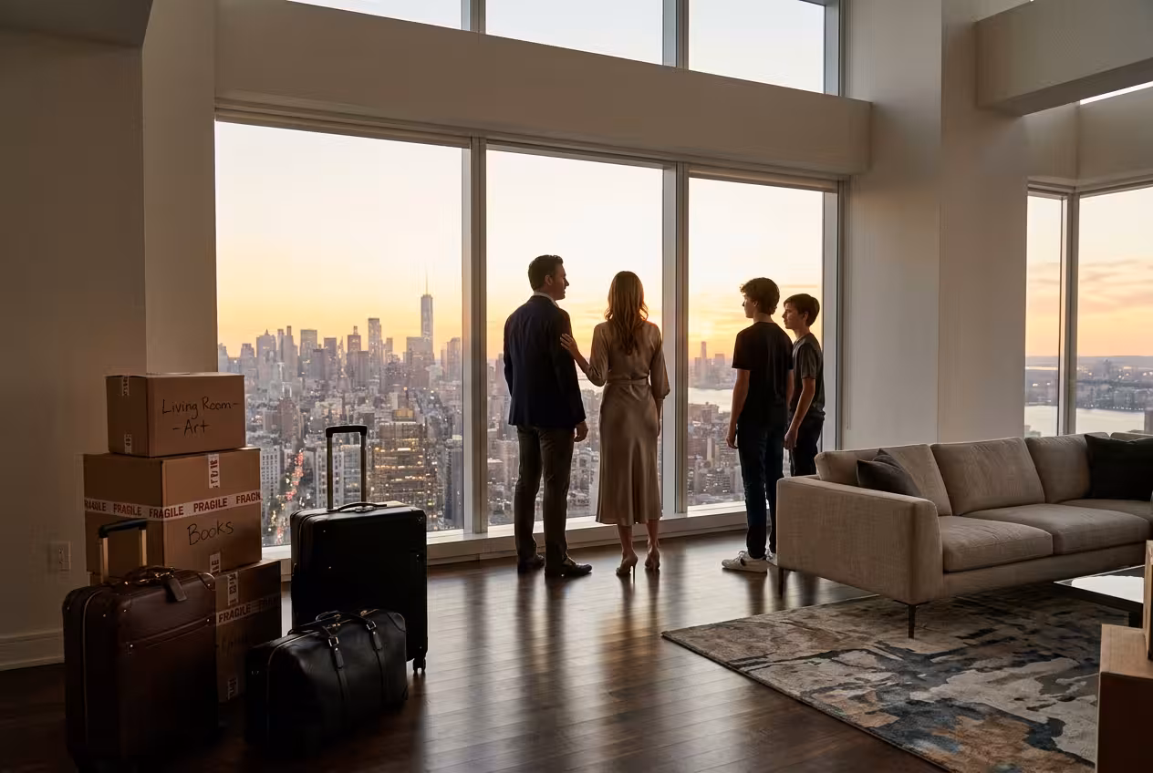 An executive overlooks a city, representing the 2026 great wealth migration and HNWIs relocating for risk management.