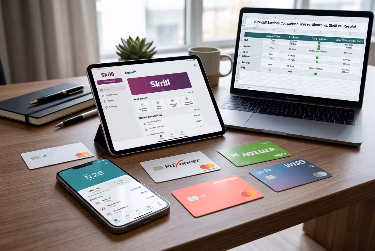 Why 3 EMIs Rejected You in 2026: The Real Reason Banking Got Harder for International Structures alt text: Digital banking interfaces illustrating why EMIs reject complex international corporate structures.