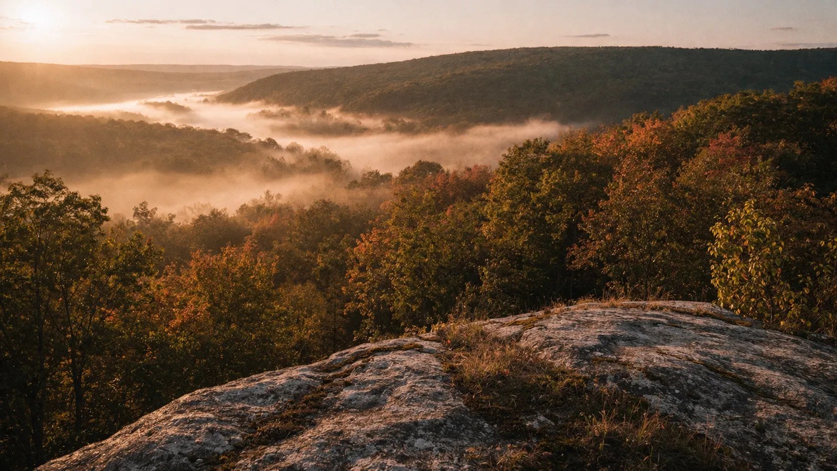 Sunrise over a forested valley with mist rising and rocky foreground — the Hudson Valley land where Root Astro lives.