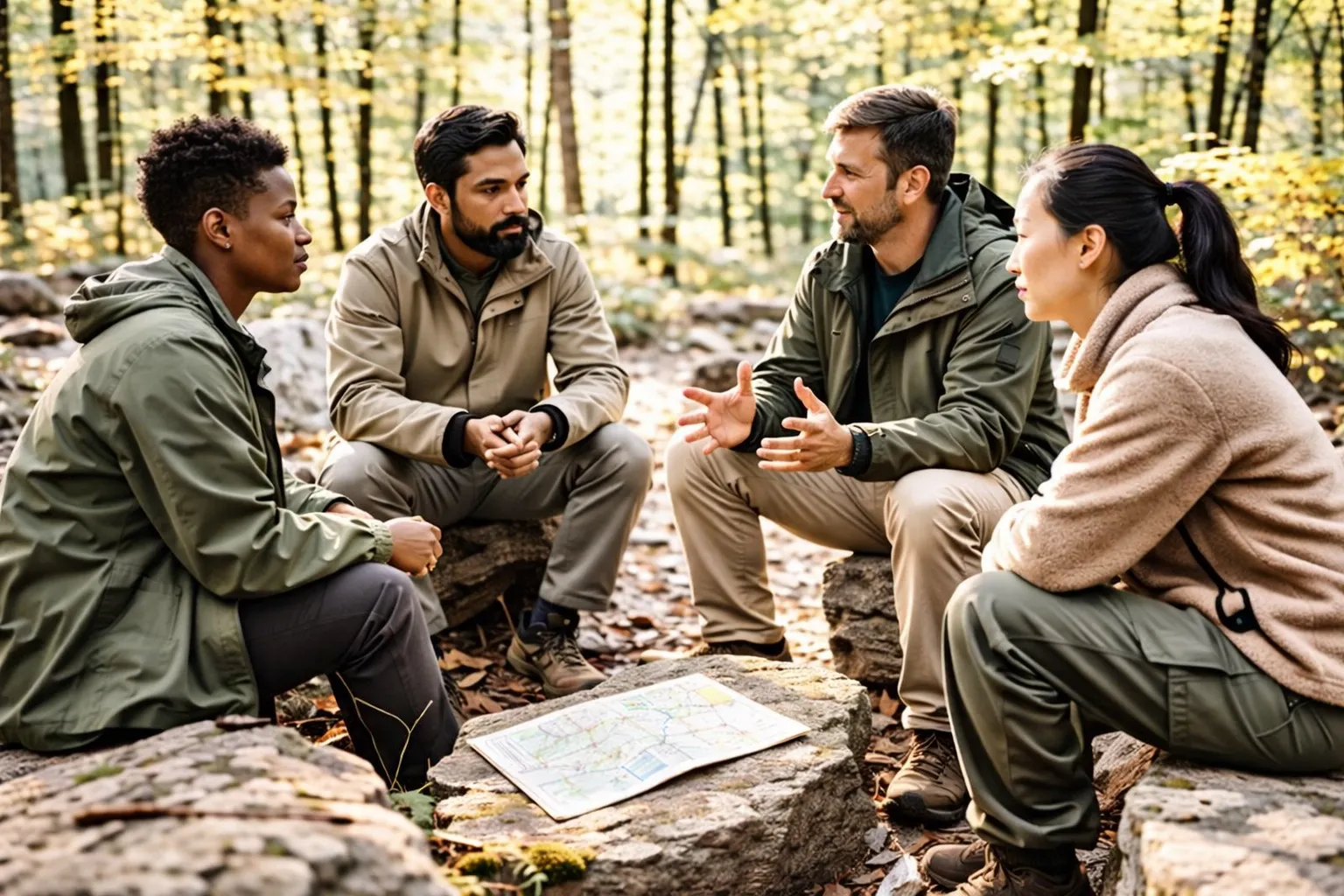 Four people sitting outdoors on rocks in a forest, discussing a map placed on a rock between them