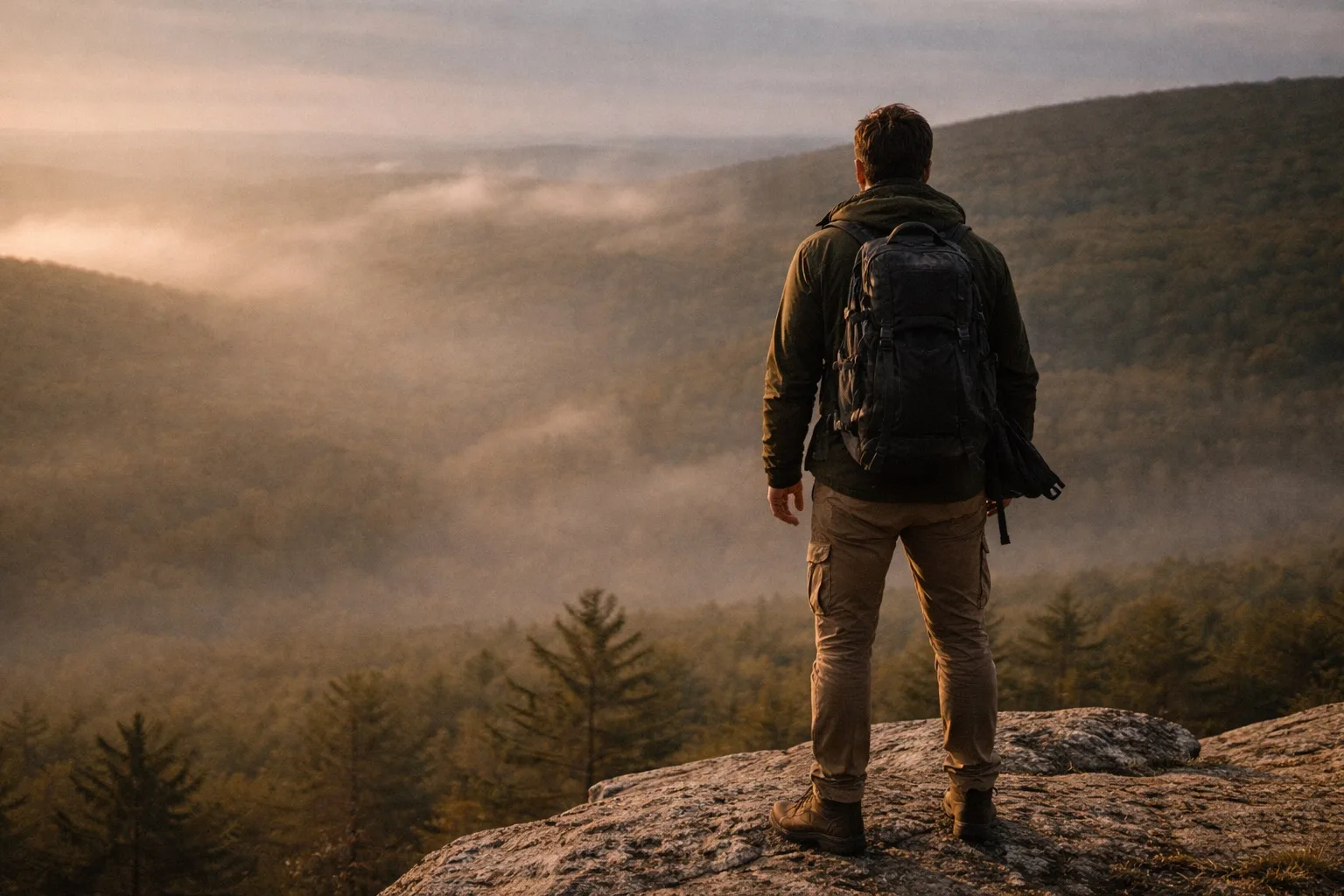 Man with backpack standing on rocky ledge overlooking misty forested hills at sunrise or sunset.