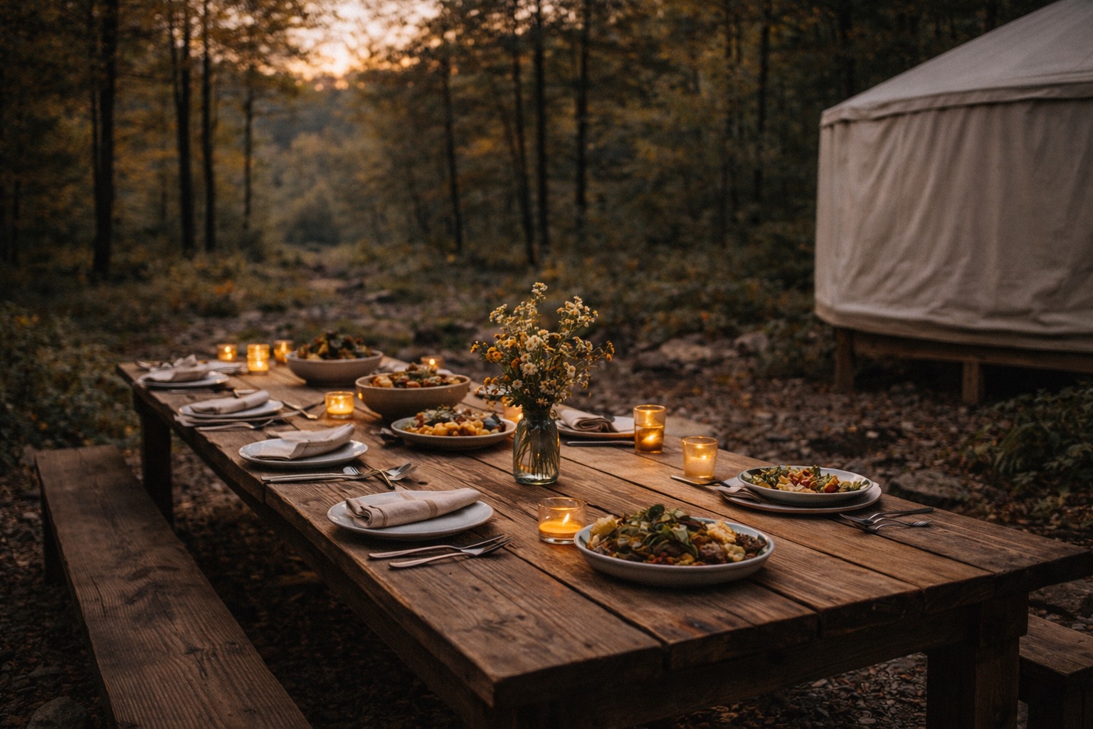 Rustic wooden outdoor dining table set with plates, bowls of food, napkins, cutlery, lit candles, and a vase of wildflowers in a forest setting at sunset.