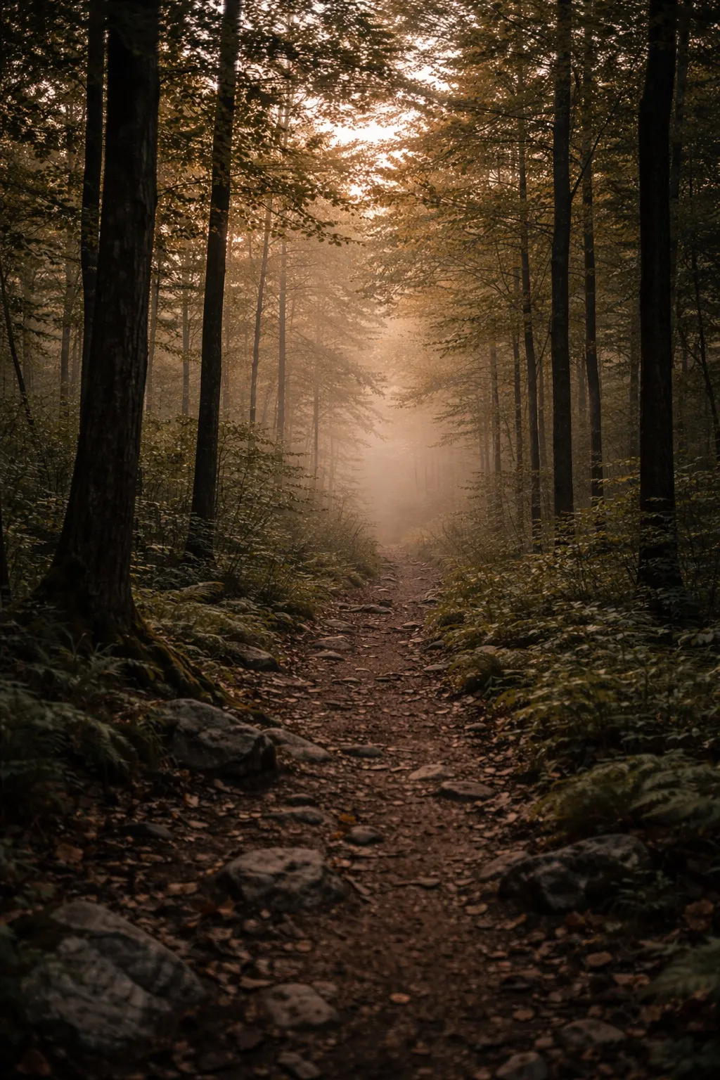 Narrow forest trail disappearing into morning mist between tall hardwood trees, the crossing from known into unknown.