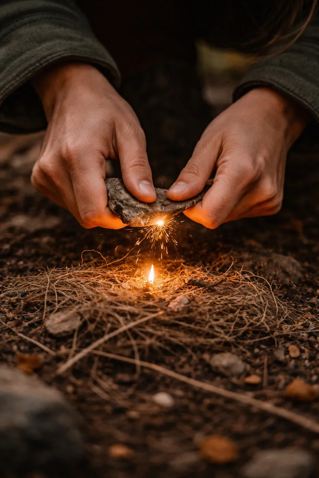 Close-up of hands striking stones to create sparks and ignite a small fire on dry grass at a Root Astro retreat.