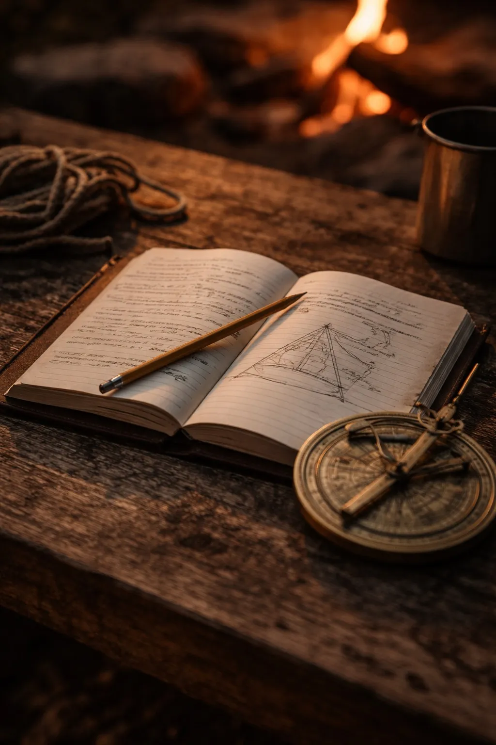 Open leather journal on rough wooden table with handwritten notes and diagram, a small brass astrolabe instrument beside it.