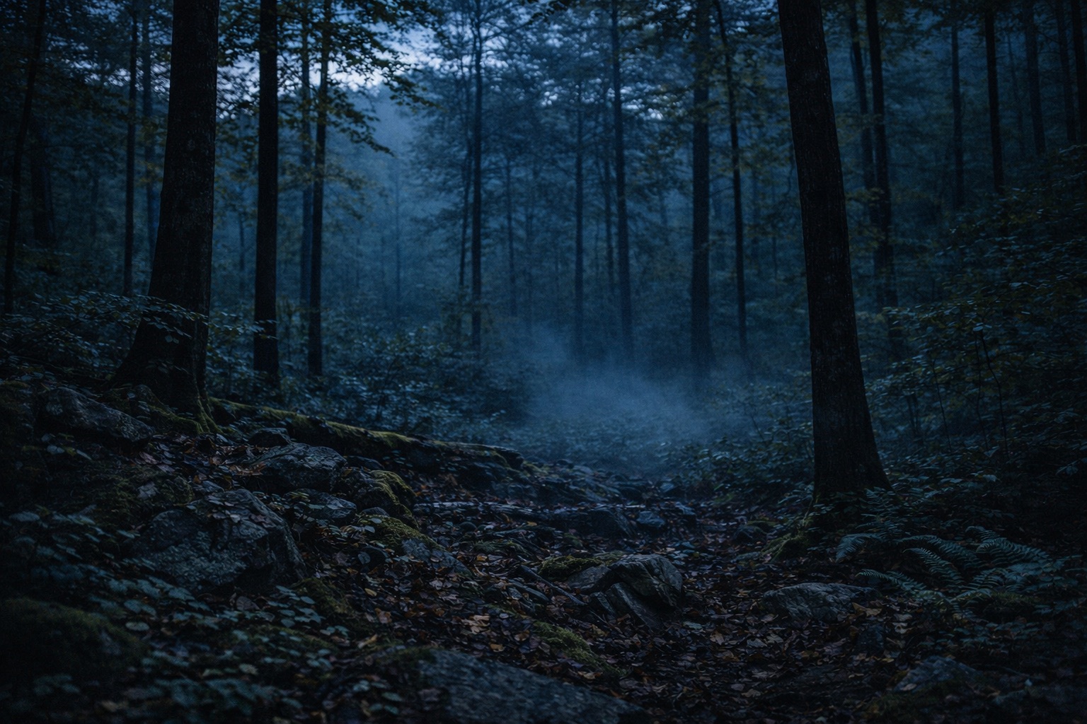 Misty dimly lit forest with tall trees rocks and leaf-covered ground at twilight evoking patience and the unfolding chapter