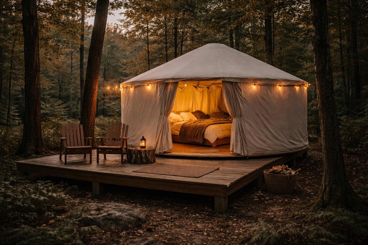 Single luxurious glamping yurt on a raised wooden deck platform in a forest clearing at dusk, warm golden light glowing softly from inside through canvas walls.