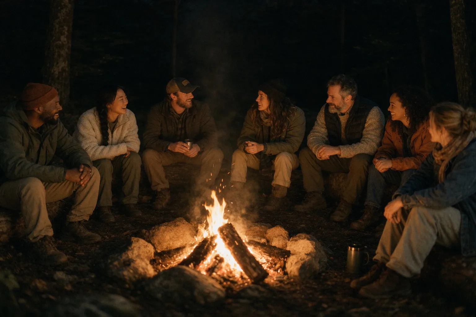 Group of six people sitting around a campfire in the woods at night, smiling and chatting.