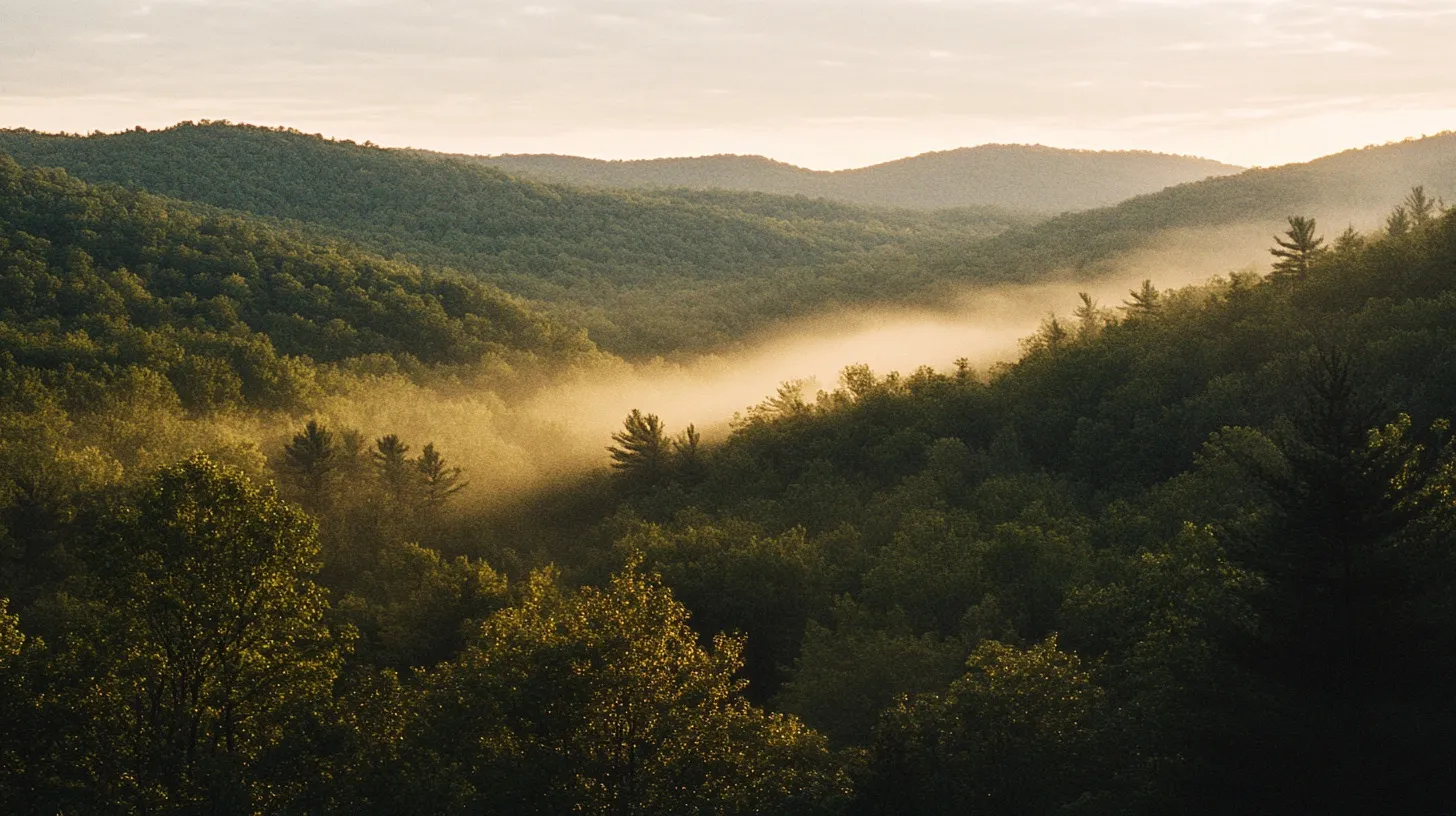 Morning mist drifting through dense deciduous forest at golden hour in the Shawangunk Ridge foothills of Sullivan County, New York — the Root Astro property.