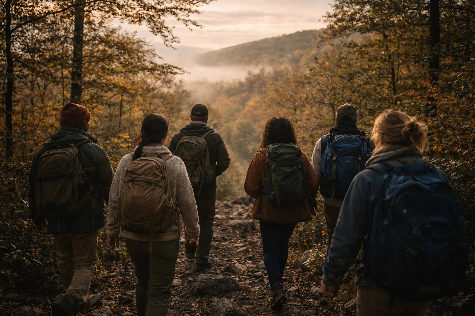 Group of five hikers with backpacks walking on a rocky forest trail surrounded by autumn foliage.