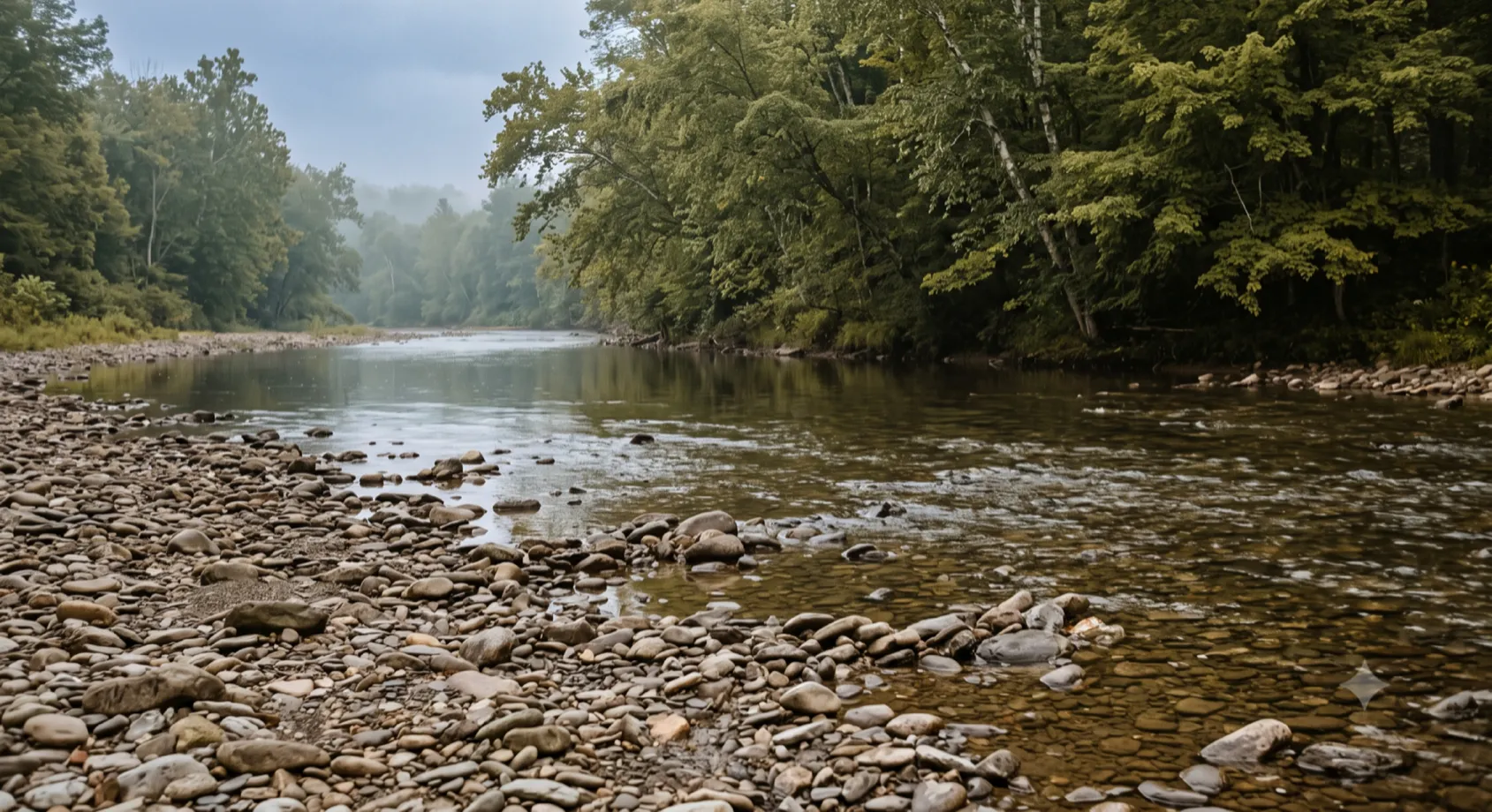 The Neversink River bending past a pebble shore in the Neversink Foothills